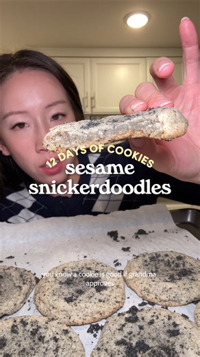 Melanie Li on Instagram: "if you've ever had sesame tong yuan - this is the cookie version you guys im gonna start a food blog so you can have all these recipes :) follow for updates! @kitchenaidusa @safeway Ingredients 2.5 cups flour 1 tsp cream of tartar 1 tsp baking soda 2 sticks butter 1/4 cup light brown sugar 1/2 cup sugar 2 eggs 1/2 tsp vanilla extract 1/2 tsp almond extract Additional 6 tbps sugar for coating 8 tbsp black sesame powder sesame #asianinspired #snickerdoodlerecipe #blackses