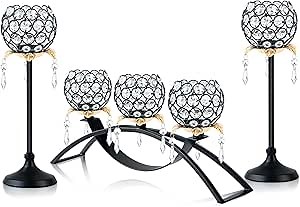 Set of 3 Crystal Tea Light Candlestick Holders Flower Shape with Crystal Pendant Bowl Votive Metal Candle Holder for Table Centerpieces Wedding Home Decor (Black+Gold)