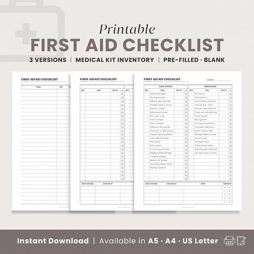 First Aid Kit List Printable | Medical Kit Inventory Chart, Pre-filled First Aid Checklist, Medicine Bag, Safety Box, Emergency Binder PDF - Etsy
