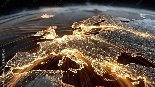 A glowing world map at night with interconnected orange lines representing global networks and data flow.