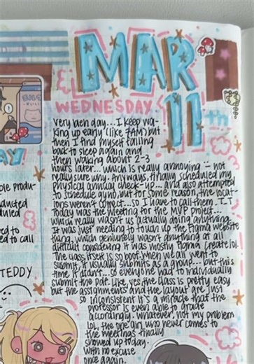 3/11/26! not gonna lie, i think i overdid the decor on this page (￣◇￣;) oh well LOL i’ve been having a lot of fun just getting a sticker sheet and getting color schemes from the stickers instead of trying to think of a specific color scheme to follow! ^_^ #journal #asmr #journaling #hobonichi #journalwithme