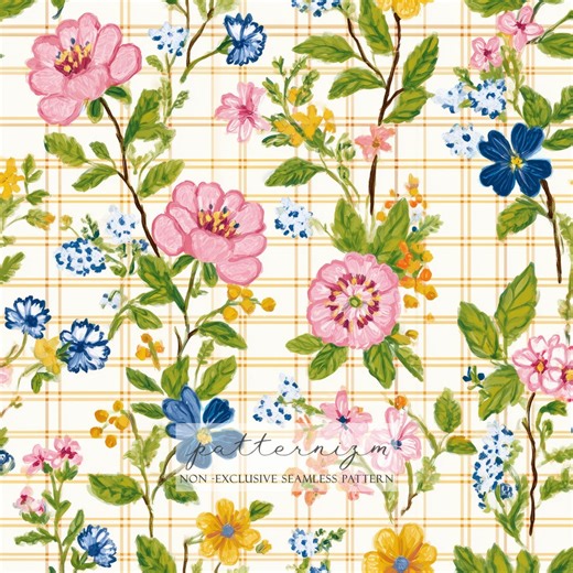Mothers Day Floral Seamless Pattern – Painted Flowers on Soft Plaid Background, Feminine Digital Paper - Etsy