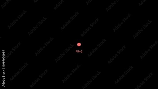 Abstract animation visualizing a network ping test with a pulsating red dot and text on a dark background, representing internet connection status, latency, and digital communication.