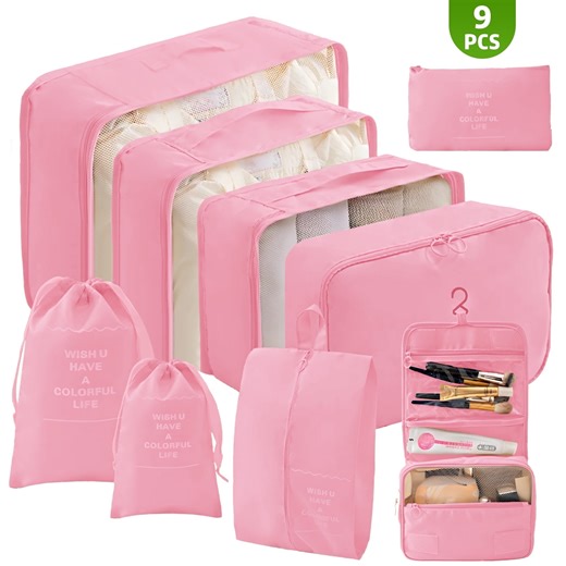 9 Set Packing Cubes for Travel, Durable Luggage Organizer Set with Hanging Toiletry Bag & Shoe Bag, Perfect Gift for Women Mom, Vacation Essentials for Travel Accessories (Pink)