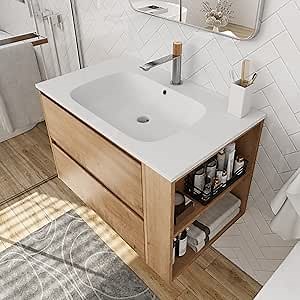 Nimaolt 30 inch Floating Bathroom Vanity with Sink Combo, Modern Wall Mounted Bathroom Vanity Set w/Resin Basin Sink Top & Adjust Open Shelf & Storage Drawer, Large Capacity