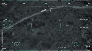 Army system is analyzing the area of combat for a missile attack. Combat system locates the enemy for a missile launch. The modern combat system is launching a missile at the target vehicles. UI.