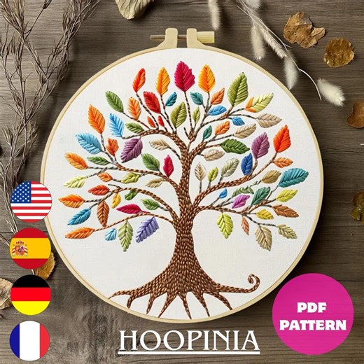 Multicolored Tree Embroidery Pattern | Colorful Leaves PDF | Botanical Hand Stitch Design - Etsy