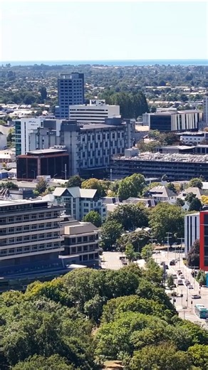Drone flies above Christchurch, New Zealand’s famous garden city