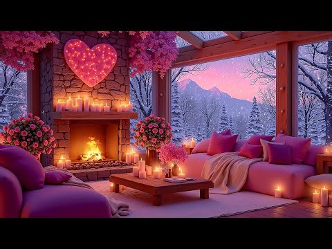 Soft Pink Valentine Ambience 💖🔥 Jazz Playlist & Cozy Fireplace for Stress Relief & Calm