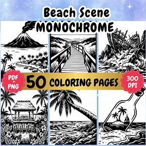 Monochrome Coloring Pages: One Color Beach Scen (PDF, PNG Download) - Etsy