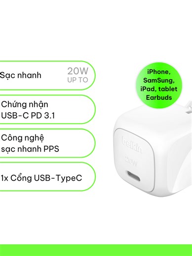 Belkin 20W USB-C Cubic Wall Charger là củ sạc nhanh cao cấp đến từ thương hiệu Belkin, nổi bật với thiết kế nhỏ gọn dạng khối vuông (cubic) cùng khả năng sạc nhanh chuẩn Power Delivery hiện đại. 🔹 Đặc điểm nổi bật Công suất 20W sạc nhanh: Hỗ trợ sạc nhanh cho smartphone, đặc biệt i/P/ho/n/e có thể đạt ~50% pin trong khoảng 25–30 phút. Chuẩn USB-C Power Delivery (PD 3.1): Tương thích rộng với i/P/h/o/n/e, S/a/ms/u/ng, i/P/a/d, Pi/x/el… Thiết kế nhỏ gọn – tiện mang theo: Dạng khối vuông, tiết kiệ