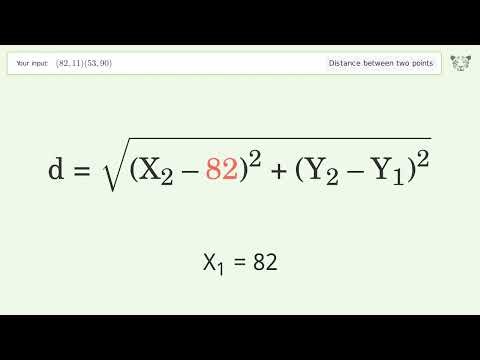 Find the distance between two points p1 (82,11) and p2 (53,90): Step-by-Step Video Solution