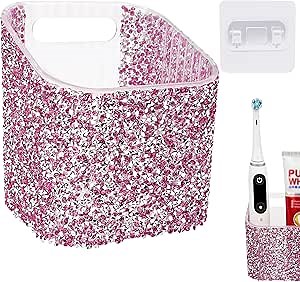Bling Rhinestone Adhesive Toothbrush Holder, Wall-Mounted Shower & Makeup Organizer, Stylish Storage for Bathroom & Bedroom (Rose Red)