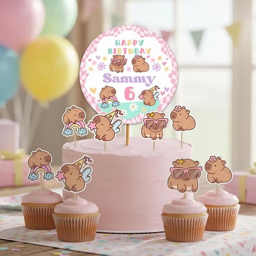 Capybara Cake Topper, Cute Floral Pink Girls Capybara Cake Decorations, Capybara Party Supplies | Canva EDITABLE Printable Instant Download - Etsy