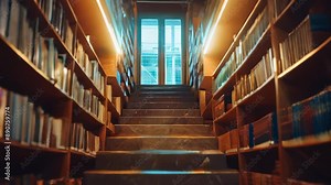 Marble stairs leading to brightly lit library with bookshelves on both sides