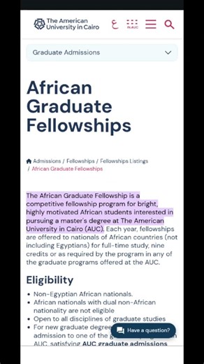 2026 American University in Cairo – AUC African Graduate Fellowships
