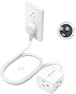 TROND Short Extension Cord 3ft with 360° Rotating Flat Plug, Low Profile Small Power Strip, Three Prong Grounded Outlets Cube, 13A, 16 AWG Cable for Indoor Home Office Cruise Travel Essentials, White
