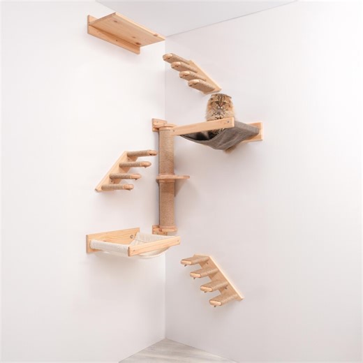 Wall Mounted Cat Climbing Set: Wooden Hammock, Steps & Scratching Post - Etsy
