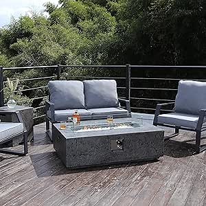 Naga Bahna 48 Inch Propane Fire Pit Table, Outdoor Rectangle Fire Table w Tank Table (50,000 BTU), 3 Piece Slate Gas Fire Pit in Dark Grey w Glass Wind Guard and White Fire Glass for Garden, Backyard