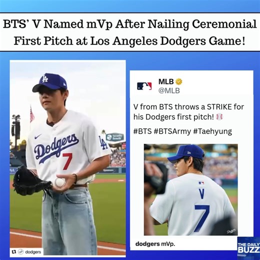 38K views · 3.7K reactions | mVp! mVp! #BTS’ V nailed the first pitch at the #LADodgers game last night! Reporters on the field said they had never heard a crowd in Dodgers stadium cheer so loudly  V also gave the traditional call of “It’s time for Dodger baseball!’ in English before greeting each kid who ran on the field to collect player autographs!  #ViralVideo | The Daily Buzz | Facebook