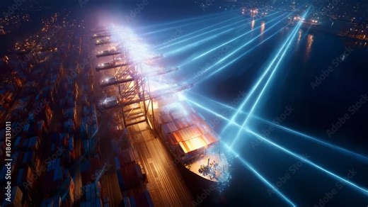 Impressive Nighttime Docking Scene Highlighted by Brilliant Laser Beams and Container Ship Operations, Showcasing the Dazzling Use of Light and Technology in Modern Maritime Logistics