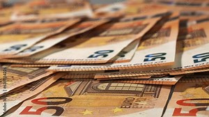 Close-up of 50 euro banknotes, the concept of savings banks, banking, paying taxes and money circulation. Euro union money.