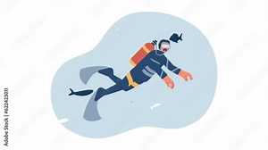 Underwater scuba diving cartoon animation. Snorkeler with air tank exploring sealife 4K video motion graphic. Diver swimming with fishes 2D color animated character isolated on white background