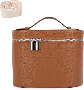 Leather Makeup Bag Organizer with Compartments - Standing Travel Cosmetic Bag for Women, Waterproof Vanity Case with Detachable Divider, Brown Portable Toiletry Bag