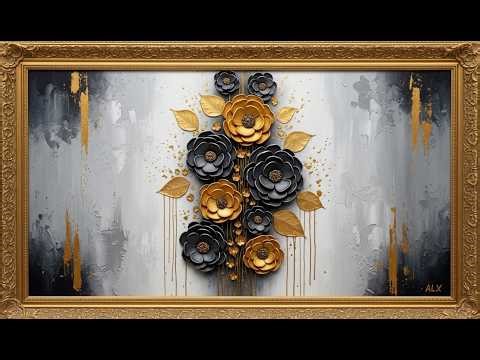 Frame TV Art: Luxurious Black & Gold Floral Abstract in Textured Elegance | 4K Ambient Art