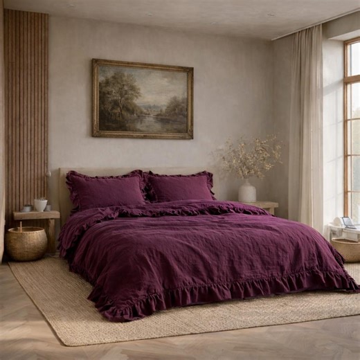 Plum Linen Duvet Cover Set With Romantic Ruffles, Comforter Cover Duvet Set Pillow Quilt Cover,king Queen Bedding Set Linen Bed Cover - Etsy