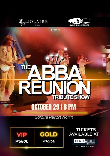 Get ready to witness The ABBA Reunion Tribute Show!💃🎵 Happening on October 29 at the Grand Ballroom of Solaire Resort North, QC. This world class show is created by London West End's director of the award-winning ABBA Mania musical, and with the original cast of Frida! 🎬 Get ready to sing and dance the night away as they perform the hits of ABBA and leave with the question, "Did I just witness the real reunion of ABBA??" ❤️ Get your tickets at all Ticketworld outlets and online: https://premi