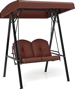 Tangkula 2 Person Porch Swing, Patio Swing with Adjustable Canopy, Heavy-Duty Metal Frame & Soft Cushion, Outdoor Swing for Backyard, Garden (Brown)