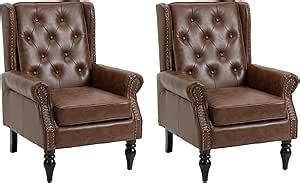 Mid-Century Modern Accent Chair Set of 2, Faux Leather High Wingback Armchair Living Room Club Chair with Rivet Trim & Tufted Button, Single Sofa Chair for Living Room Bedroom Office (Brown)