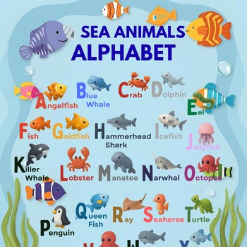Sea Animals Alphabet Poster – Ocean Kids Decor – Printable Learning Poster