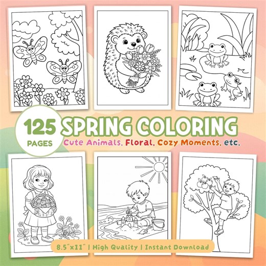 Spring Coloring Pages, Spring Coloring Book, Kids Spring Coloring Sheets, Spring Activities Bundle, Cute Animals Coloring Pages - Etsy