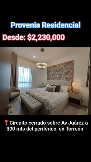 🌟 ¡Vive en Provenia Residencial, a solo 300 mts del Periférico de Torreón! 🏡✨ Circuito cerrado con amenidades exclusivas sobre Av. Juárez 🚗 Desde: $2,230,000 📐 Terreno: 140 m² | Construcción: 131.75 m² 🏡 Modelo Versalles Planta baja: ✅ Sala – comedor – cocina ✅ ½ baño ✅ Área de jardín y cuarto de lavado ✅ Cochera para 2 autos pasillo de servicio Planta alta: ✅ Recámara principal con vestidor y baño completo ✅ 2 recámaras Jr. ✅ 1 baño completo ✅ Sala de TV 💎 Equipamiento incluido: ✔ Piso ce
