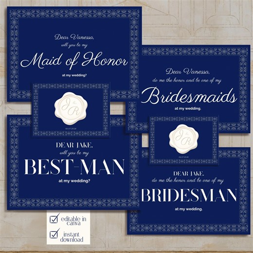 Bridal Party Proposal Card | Editable Canva Template | Navy Blue Vintage Ornate Frame | Bridesmaid Proposal | Instant Download - Etsy