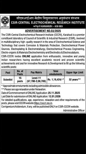 CSIR CECRI Scientist Recruitment 2025 | 15 Posts | Salary ₹1.19 Lakh | ऑनलाइन फॉर्म शुरू #govtjobs
