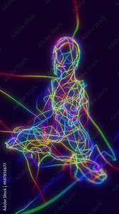 looped 3d animation. a person in a meditative form is created from the threads of karma