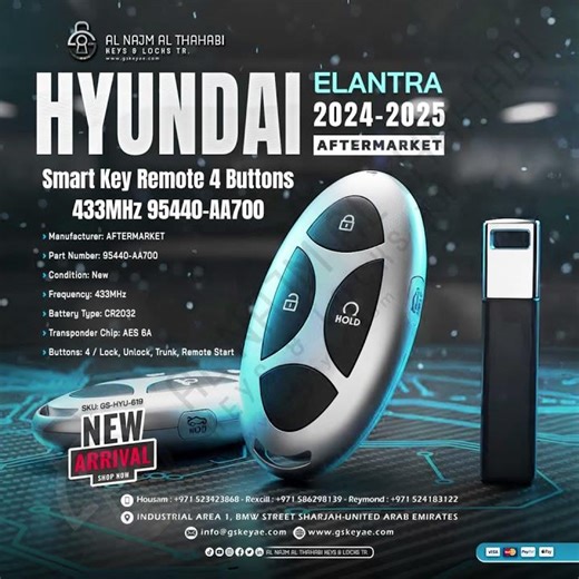 2024-2025 Hyundai Elantra Smart Key Remote 4-Button 433MHz 95440-AA700 Aftermarket. #gskey #uae