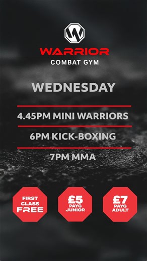 Train. Belong. Progress. Big night of training at Warrior 👊 4:45 Mini Warriors – now full (new Monday class added — limited spaces left). 6:00 Kickboxing - Joe Champion 7:00 MMA with Mark Smigger, Cage Warriors Featherweight Champ. Junior mat (aged 11-16), adults mat, beginners welcome. This is where you build confidence, fitness, and skill — whatever your level. Learn from real fighters, train alongside good people, and push yourself in the right environment. Membership includes up to 40 class