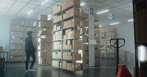 Timelapse of diverse sorting center employees carrying cardboard boxes, preparing parcels for shipping to clients. Warehouse facility of postal service or online store with E-commerce orders, goods.
