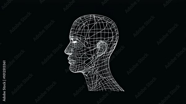 A 3D wireframe model of a human head, illustrating digital design and anatomy.