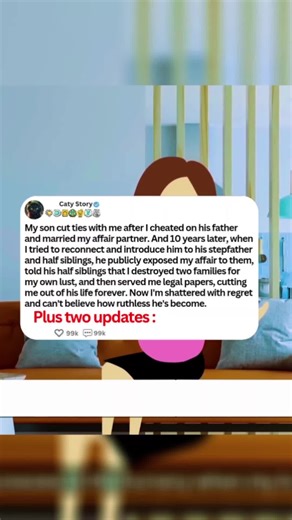 My son cut ties with me after I cheated on his father and married my affair partner. And 10 years later, when I tried to reconnect and introduce him to his stepfather and half siblings, he publicly exposed my affair to them, told his half siblings that I destroyed two families for my own lust, and then served me legal papers, cutting me out of his life forever. Now I'm shattered with regret and can't believe how ruthless he's become. Plus two updates : #reddit #reddit_tiktok #redditstories #redd