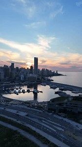 Aerial Vertical View of Beirut Skyline and Marina at Sunset