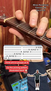 28K views · 363 reactions | Minor Pentatonic Scale Exercise in the key of Em. Make sure you do the right picking pattern and think of it in groups of 3s! If you’re a beginner, you should get my teaching app! Its meant to take you from beginner to intermediate as enjoyably and good s | Jamparkguitar | Facebook