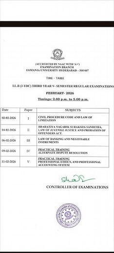 LL.B 3 YDC 5 th semester examination time table