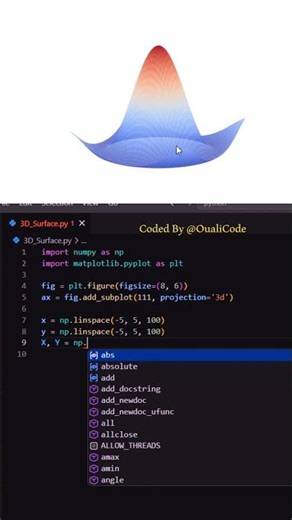 3D Surface Plot 🤯🤯🔥 using Matplotlib || Python #python #oualicode #coding #programming #3d