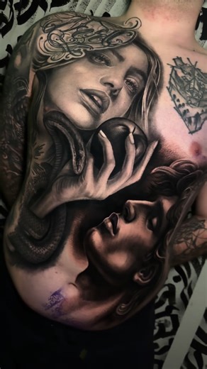 Josh Walker on Instagram: "ADAM x EVE- Our concept is coming to life now on this full front panel tattoo of Adam and Eve for my client James Absolutely love the way this is shaping up and can’t wait to finish up/hit the coverup out the park #torsotattoo #adamandeve #religioustattoos #blackandgreytattoo #tatuagem"