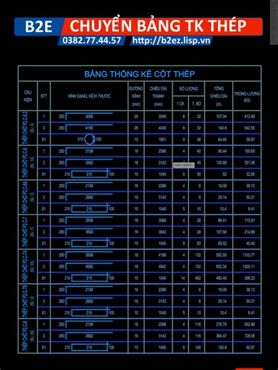 [B2E] Chuyển bảng và Chỉnh sửa bàng Thống kê Thép từ AutoCAD sang Excel 2026 #lisp #B2E